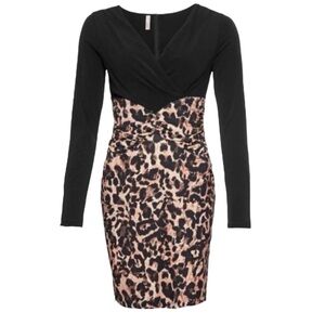 Thalia Sodi  Leopard Print Long Sleeve V Neck Midi Dress